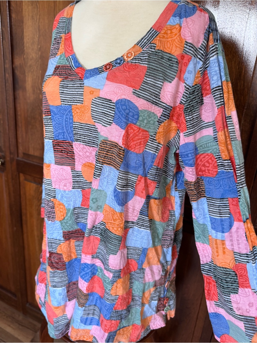 Patchwork Print Tunic Top Geometric Paisley Artistic Blouse Medium M